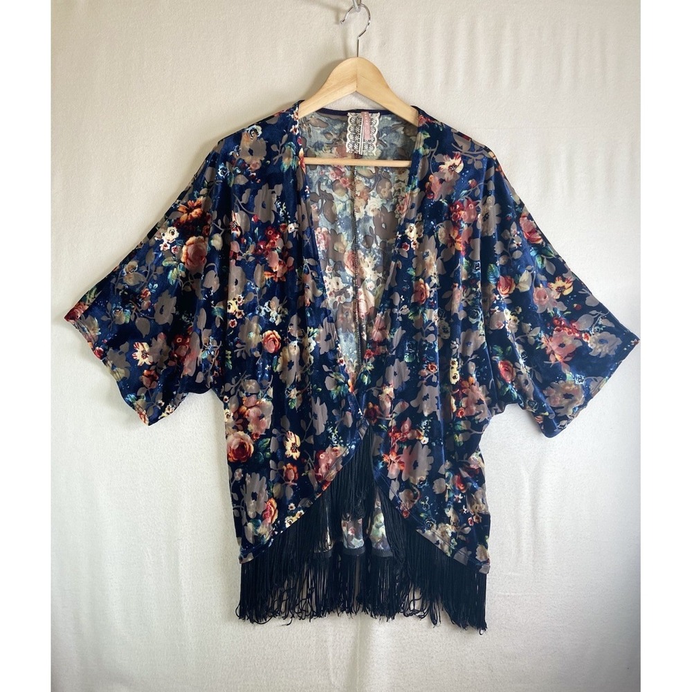 Maeve Velour Kimono Cardigan S Floral Fringe Velvet Boho Open Front Festival